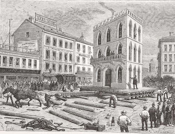 Гравюра 1877 года, изображающая передвижение трехэтажного дома с помощью лошади. Гравюра 1877 года, изображающая передвижение трехэтажного дома с помощью лошади.