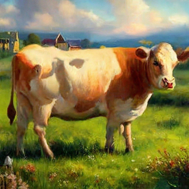 Безрогая корова на лугу на фоне деревни. Нейросеть Шедеврум.