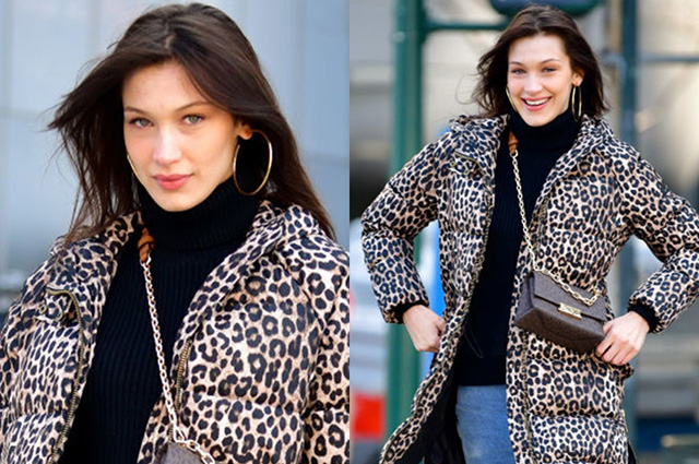 Уличный стиль знаменитости: Белла Хадид в леопардовом пуховике гуляет по Нью-Йорку