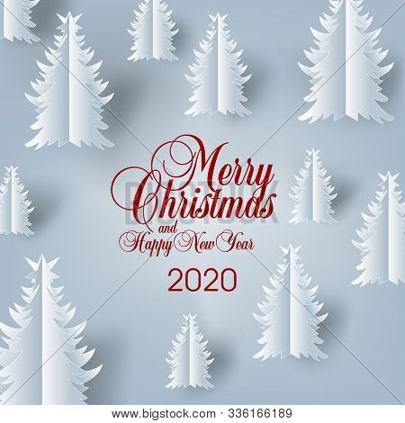 Square vector banner or social media post template with Merry Christmas and Happy New Year calligraphic lettering with paper christmas trees on gray blue background.
