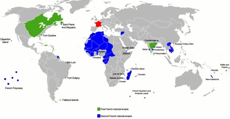Французская колониальная империя. Светло-зеленым цветом обозначены территории, отобранные у Франции в XVII-XVIII веках Великобританией
