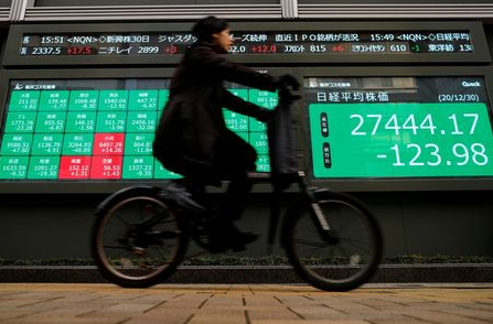 FILE PHOTO: A man rides a bicycle past a screen displaying Nikkei share average and stock indexes outside a brokerage, amid the coronavirus disease (COVID-19) outbreak, in Tokyo, Japan December 30, 2020. REUTERS/Issei Kato/File Photo