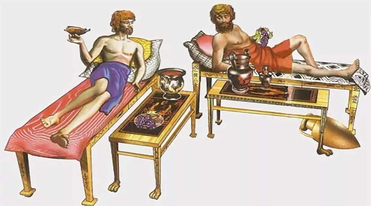 Древнегреческая застольная беседа. Современная иллюстрация.