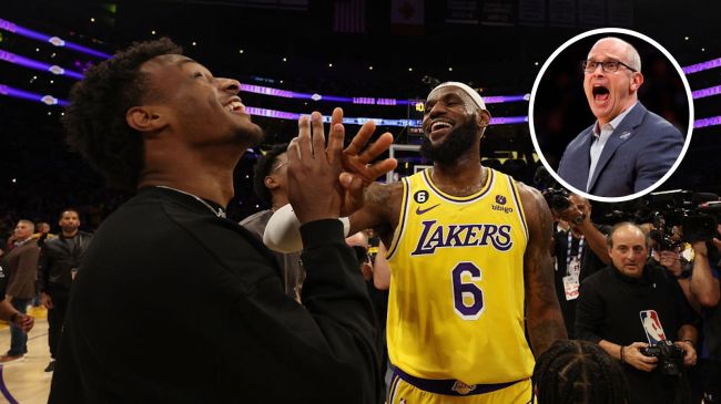 lebron james and his son bronny james shaking hands