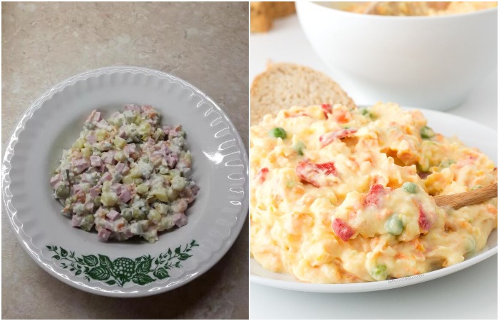 Разогрейте оливье и добавьте взбитые яйца