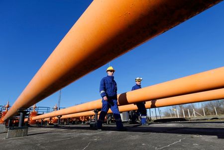 Engineers oversee the gas distribution system in Kiskundorozsma, 170 kilometres south of Budapest, on January15, 2015. Hungary's FGSZ Gas distribution company routes Russian gas toward Serbia here. The company owns and operates the high pressure natural gas transmission system of Hungary. Apart from the domestic natural gas transmission FGSZ exercises transit activity for Serbia and Bosnia and Herzegovina as well. It transfers gas for Romania and Croatia, and established the possibility of gas transmission towards Ukraine. REUTERS/Laszlo Balogh (HUNGARY - Tags: ENERGY)