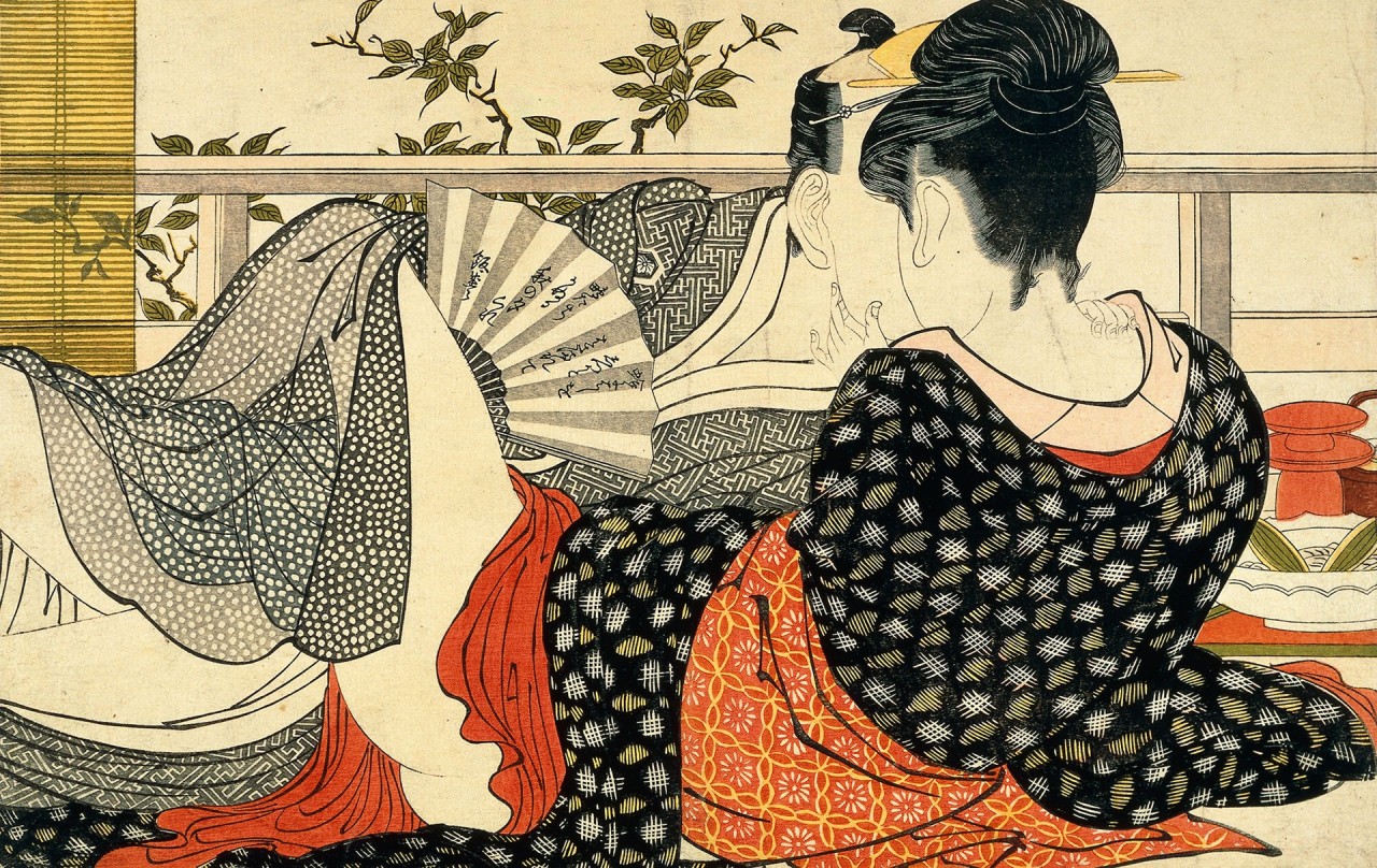 Lovers in the upstairs room of a teahouse, from Utamakura (Poem of the Pillow), ca. 1788