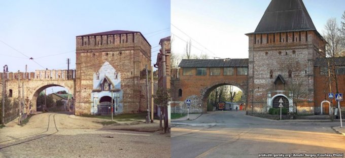 Никольские ворота, Смоленск, 1912/2008 было и стало, прокудин-горский, фотографии