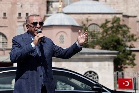 Turkish President Tayyip Erdogan talks to the media after attending Friday prayers at Hagia Sophia Grand Mosque in Istanbul, Turkey August 7, 2020. REUTERS/Murad Sezer