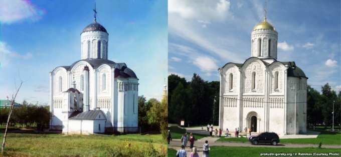Дмитриевский собор, Владимир, 1911/2009 было и стало, прокудин-горский, фотографии