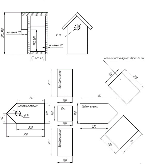 чертёж скворечника из фанеры с размерами