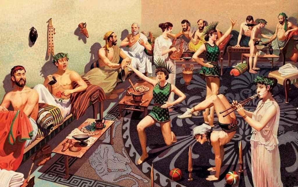 Древнегреческое пиршество с актёрами и музыкантами. Современная иллюстрация.