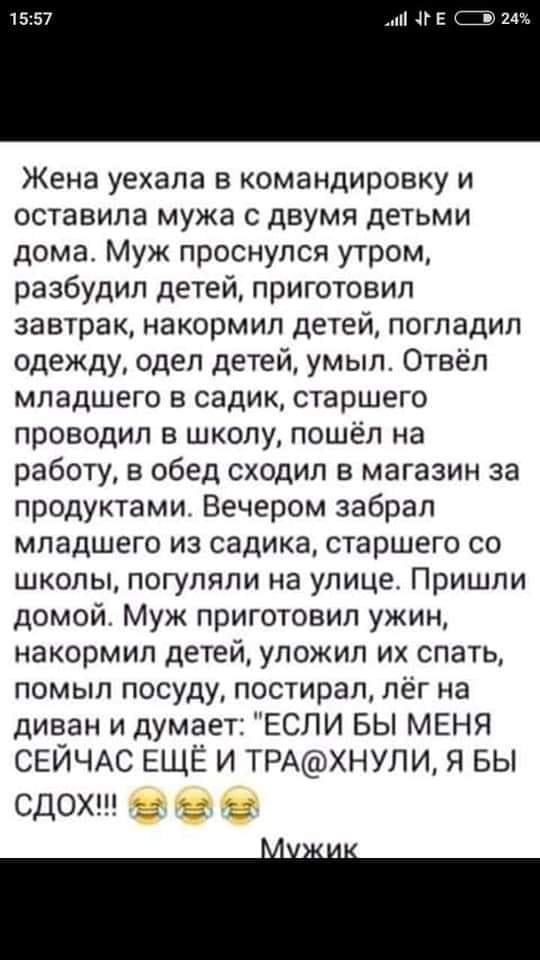 Уехала жена. Жена уехала в командировку. Жена уехала в командировку и оставила мужа с двумя детьми.