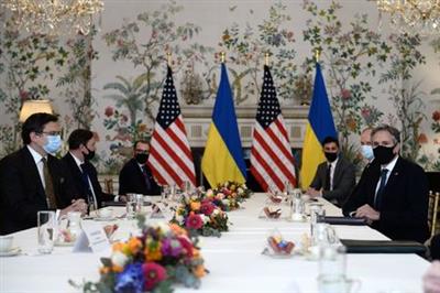 U.S. Secretary of State Antony Blinken meets with Ukrainian Foreign Minister Dmytro Kuleba in Brussels, Belgium April 13, 2021. REUTERS/Johanna Geron/Pool