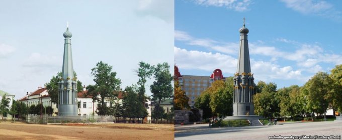 Памятник войны 1812 г. на площади около Николаевского собора, Полоцк, 1912/2012 было и стало, прокудин-горский, фотографии