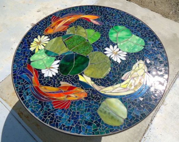  23 koi stained glass mosaic table for a zen inspired outdoor space