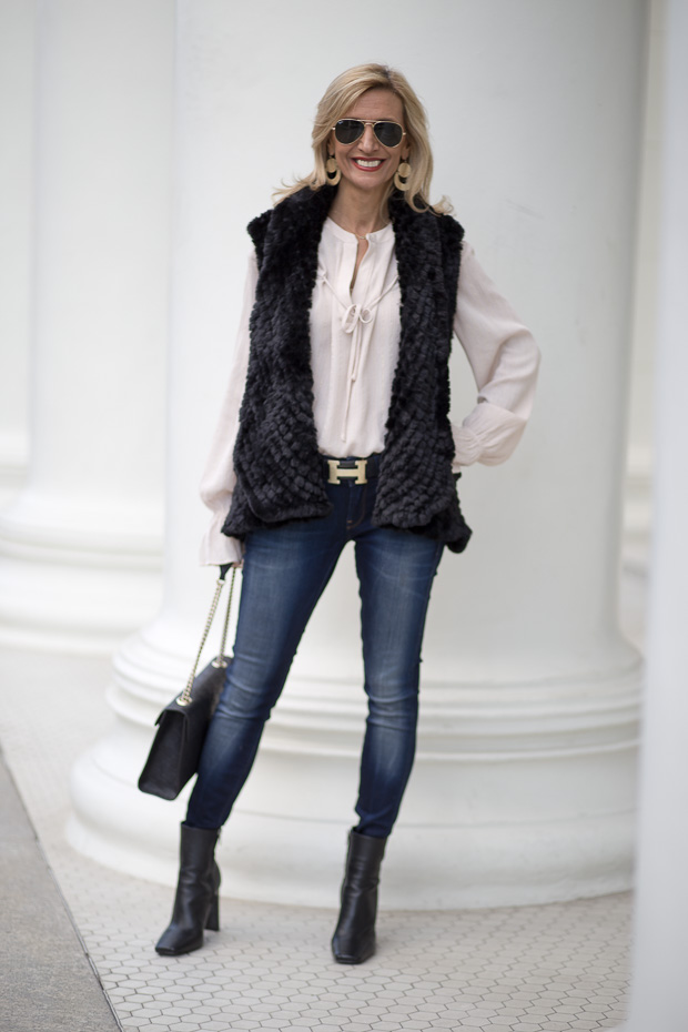 Black Faux Fur Vest With Metallic Stripe Nude Blouse