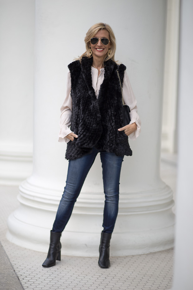 Black Faux Fur Vest With Metallic Stripe Nude Blouse