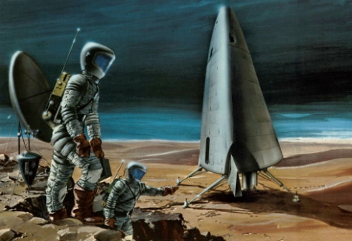 ​Астронавты экипажа взрыволёта «Orion» на поверхности Марса. Архивная иллюстрация из коллекции Скотта Лоузера aerospaceprojectsreview.com - Взрыволётный «Орион» | Warspot.ru