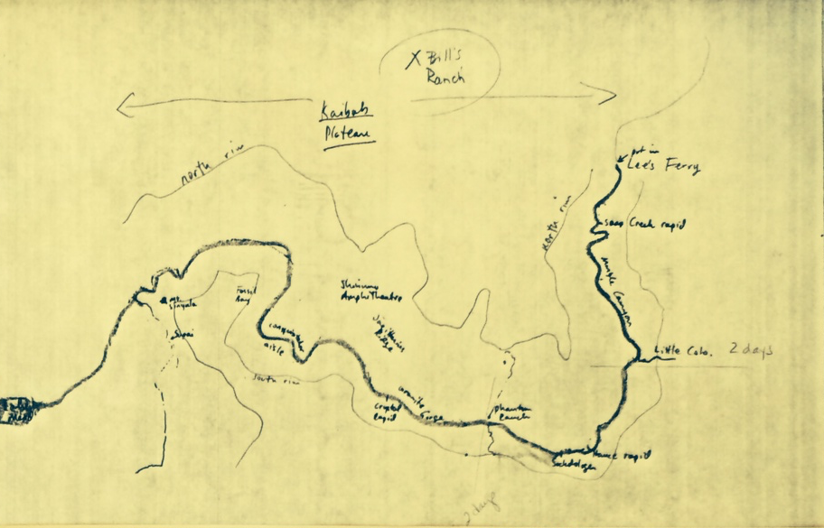When writing <em&gtGrand Canyon Odyssey</em>, Leibold drew a map of the canyon and river, to keep track of his protagonist's progress down the canyon. The map of the various storylines is below.