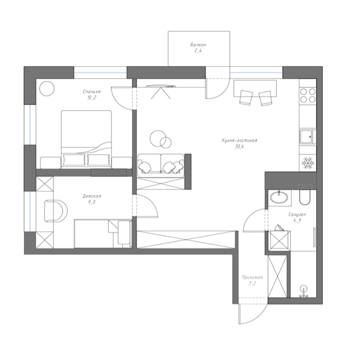 Яркая квартира для семейной пары с гостиной в нише и душевой в кладовке на 58кв.м идеи для дома,интерьер и дизайн