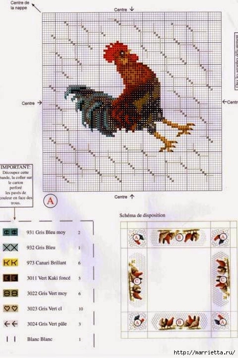 Курочки на скатерти и салфетке. Схемы вышивки крестом 
