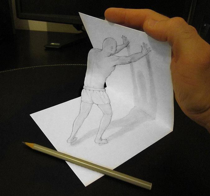 Удивительные трехмерные иллюзии, нарисованные на бумаге простым карандашом карандаш, рисунок