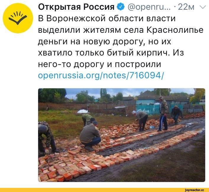 ﻿Открытая Россия О @орепги... • 22м О* В Воронежской области власти выделили жителям села Краснолипье деньги на новую дорогу, но их хватило только битый кирпич. Из него-то дорогу и построили openrussia.org/notes/716094/,дорога,кирпичи,нанотехнологии,Россия,сверхдержава