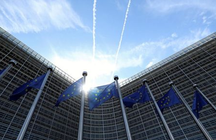 Флаги Европейского союза перед зданием штаб-квартиры Еврокомиссии в Брюсселе, Бельгия, 21 августа 2020 года. REUTERS/Yves Herman