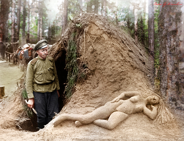 Русский разведчик Алексеев и его скульптура из сырого песка, Первая мировая война история, фото, цвет