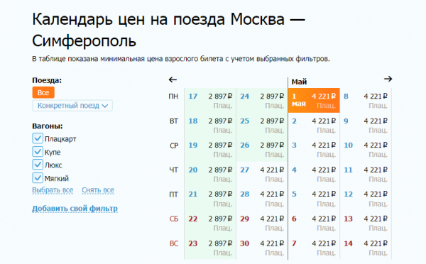 Календарь цен на поезда Москва - Симферополь 