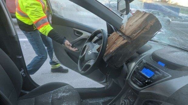 Водитель остался в живых после того, как огромный кусок дерева влетел в его лобовое стекло авто, в мире, дорога, за рулем, опасно, подборка, прилетело