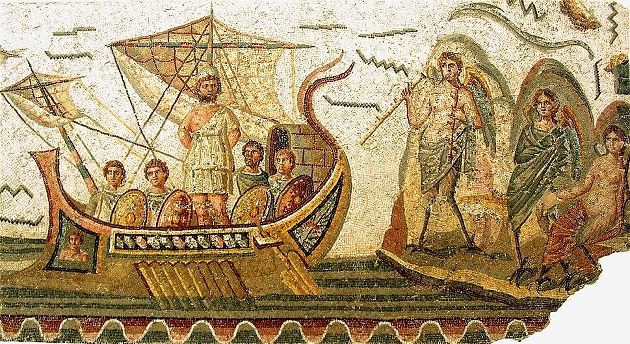 Одиссей и сирены. Фрагмент древнеримской мозаики, IV в. н.э.