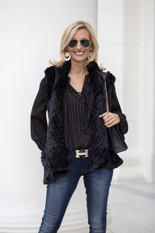 Black Faux Fur Vest With Metallic Stripe Black Blouse