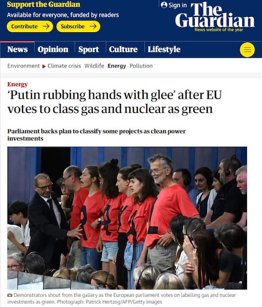 Европарламент назначил газ и атомную энергию «зелёными источниками»