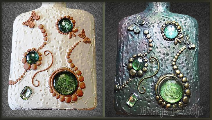 Перламутровый декор бутылки в технике микс медиа. Ваза из бутылки