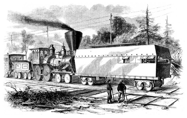 Гравюра из американской газеты времен гражданской войны Севера и Юга с изображением первого «Рельсового монитора» - защищенного металлом вагона с оружием