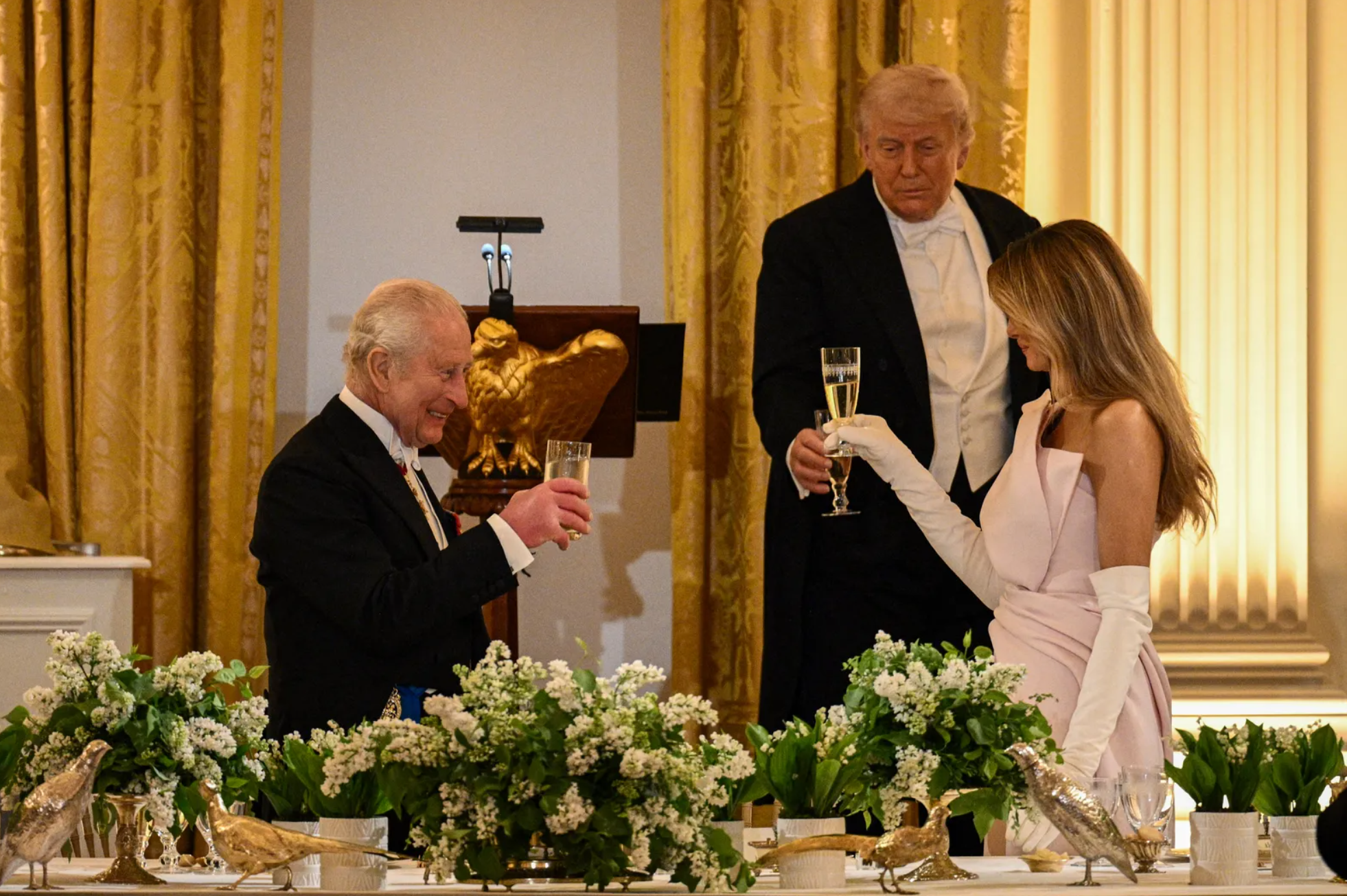 В платье цвета клубничного йогурта и белых перчатках: Мелания Трамп на банкете в Белом доме Трамп, Мелания, королева, Камилла, Дональд, королевы, Великобритании, королевской, семьи, которые, Fiona, торжественный, Clare, фотосоцсетиНа, Елизавета, король, ужина, клуба, своей, платье