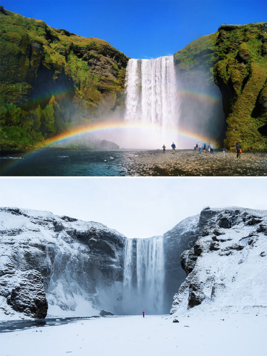 Сбрасывая свои воды с горы, водопад образует огромное количество брызг, которые попадая в солнечных лучи образуют веселую радугу.