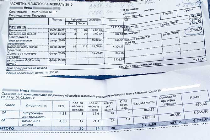 Учительница младших классов одной из школ Тольятти показала свой расчетный лист Учительница младших классов одной из школ Тольятти показала свой расчетный лист россия