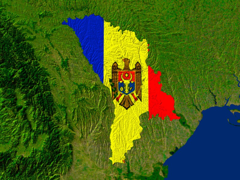 Satellite image of Moldova with the country's flag covering it