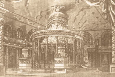 Катафалк, воздвигнутый в Петропавловском соборе над
гробами Петра III и Екатерины II по рисункам Бренна