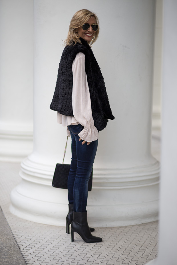 Black Faux Fur Vest With Metallic Stripe Nude Blouse