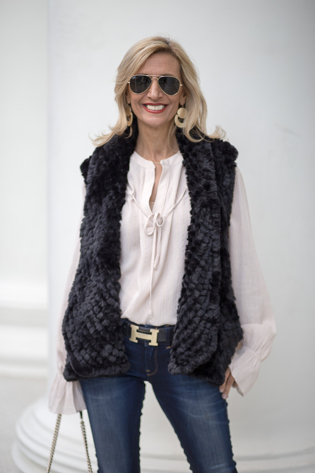 Black Faux Fur Vest With Metallic Stripe Nude Blouse