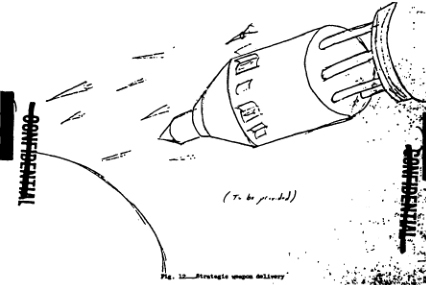 ​Зарисовка одного из возможных военных применений взрыволёта типа «Orion»: нанесение массированного ядерного удара по наземным целям с орбиты. Архивная иллюстрация из книги Джорджа Дайсона «Project Orion. The True Story of the Atomic Spaceship» (2002) - Взрыволётный «Орион» | Warspot.ru