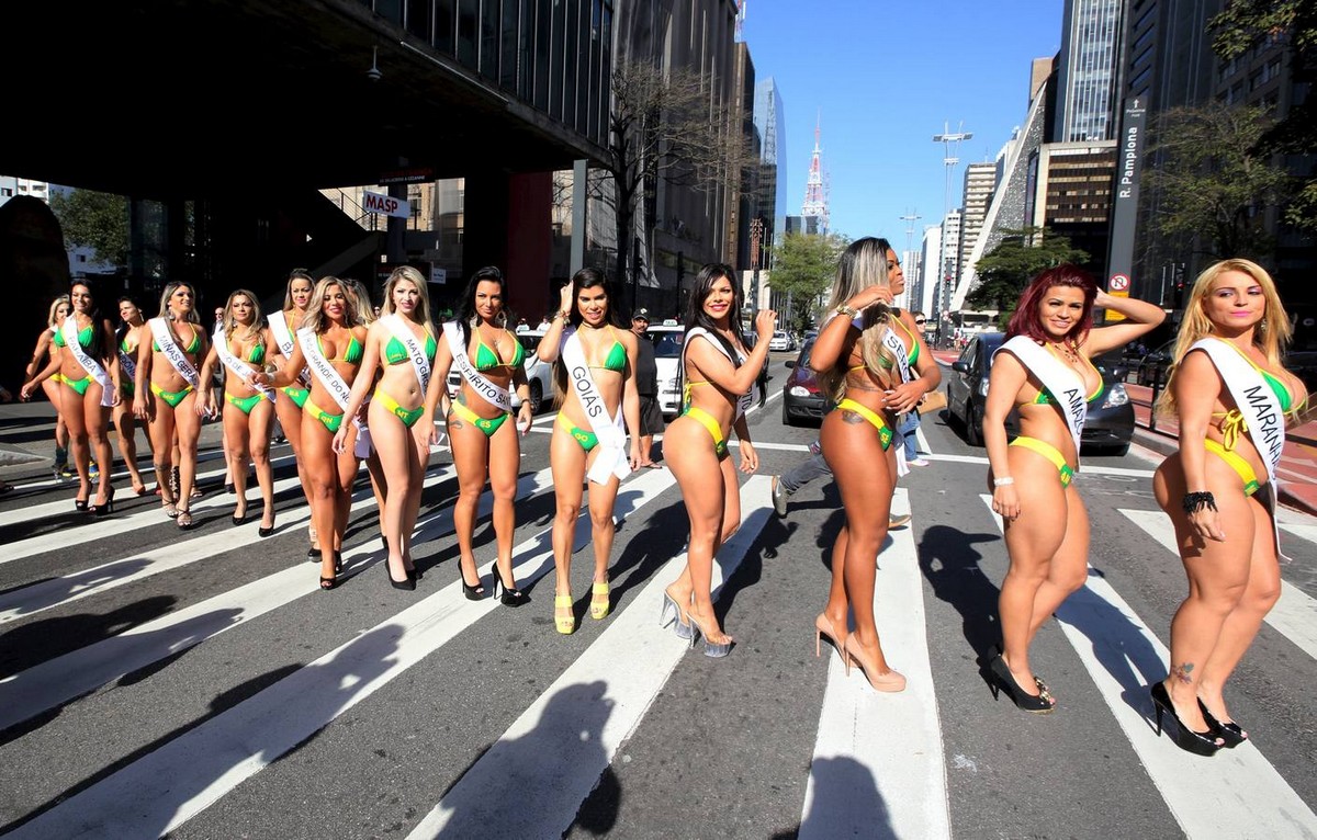 Miss BumBum Brazil 2015 pageant candidates parade at Paulista Avenue in Sao Paulo&quot;s financial centre