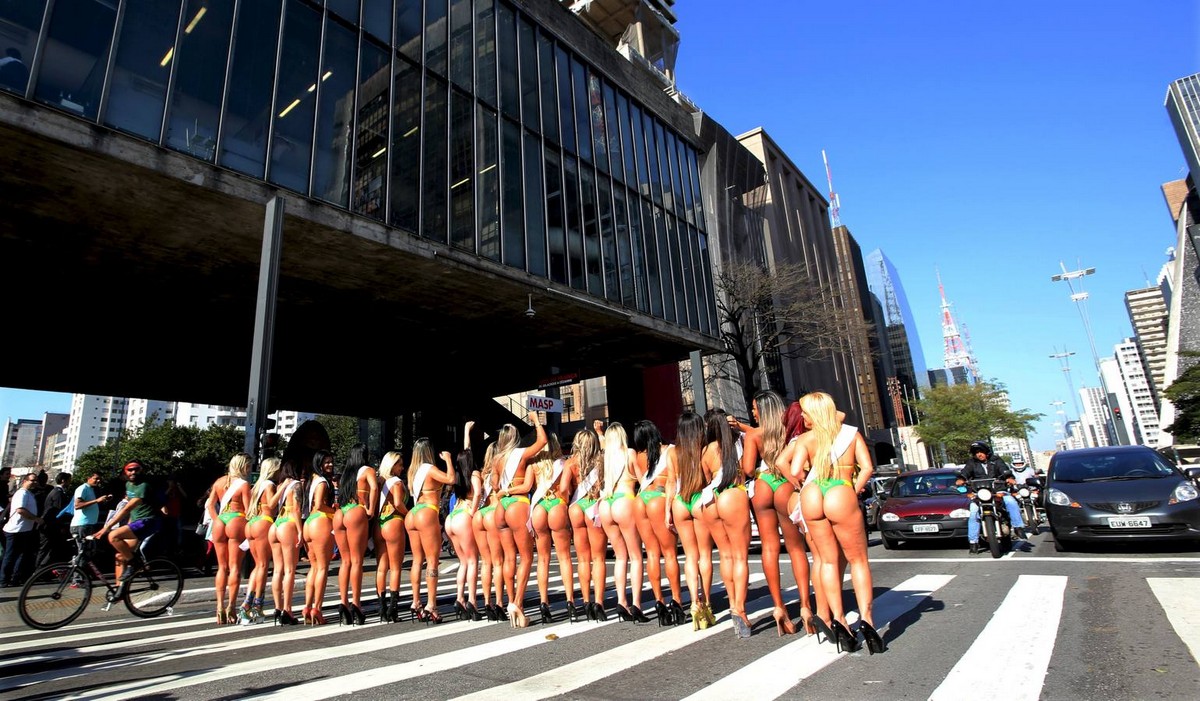 Miss Bumbum Brazil 2015 pageant candidates parade at Paulista Avenue in Sao Paulo&quot;s financial centre