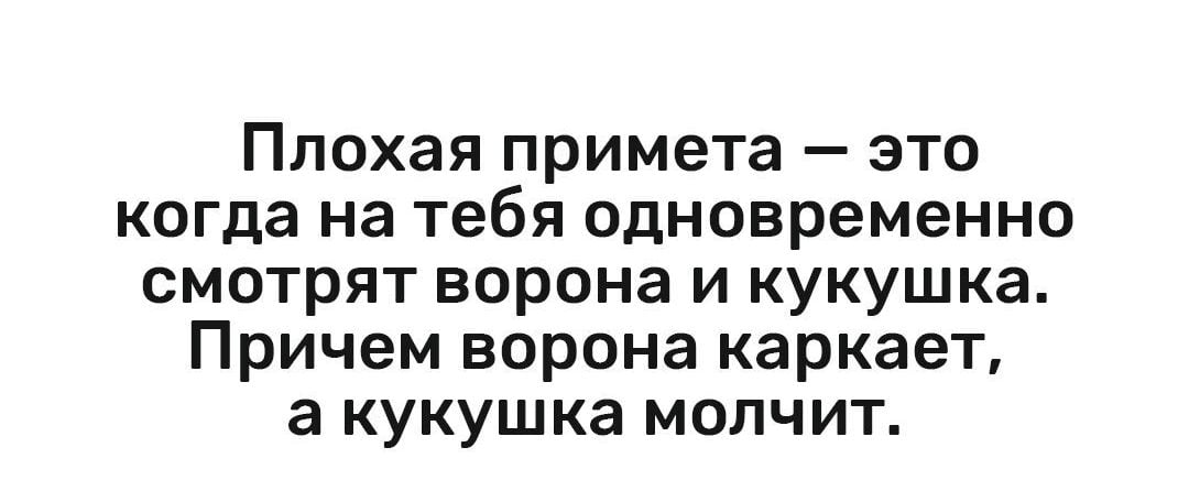 Возможно, это изображение (текст «плохая примета это когда на тебя одновременно смотрят ворона и кукушка. причем ворона каркает, a кукушка молчит.»)