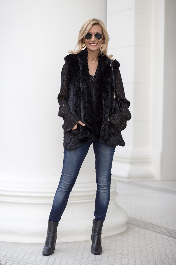 Black Faux Fur Vest With Metallic Strip Nude Blouse