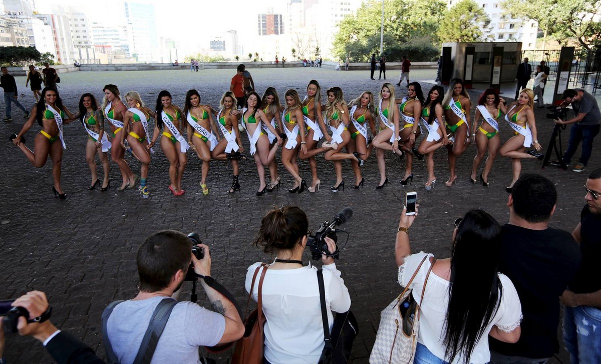 Miss Bumbum Brazil 2015 pageant candidates pose at Paulista Avenue in Sao Paulo&quot;s financial centre